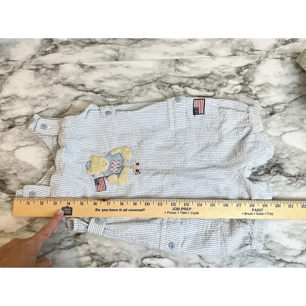 Vtg Striped Romper Bear Flag Americana  24 Months Toddler Blue White Patriotic